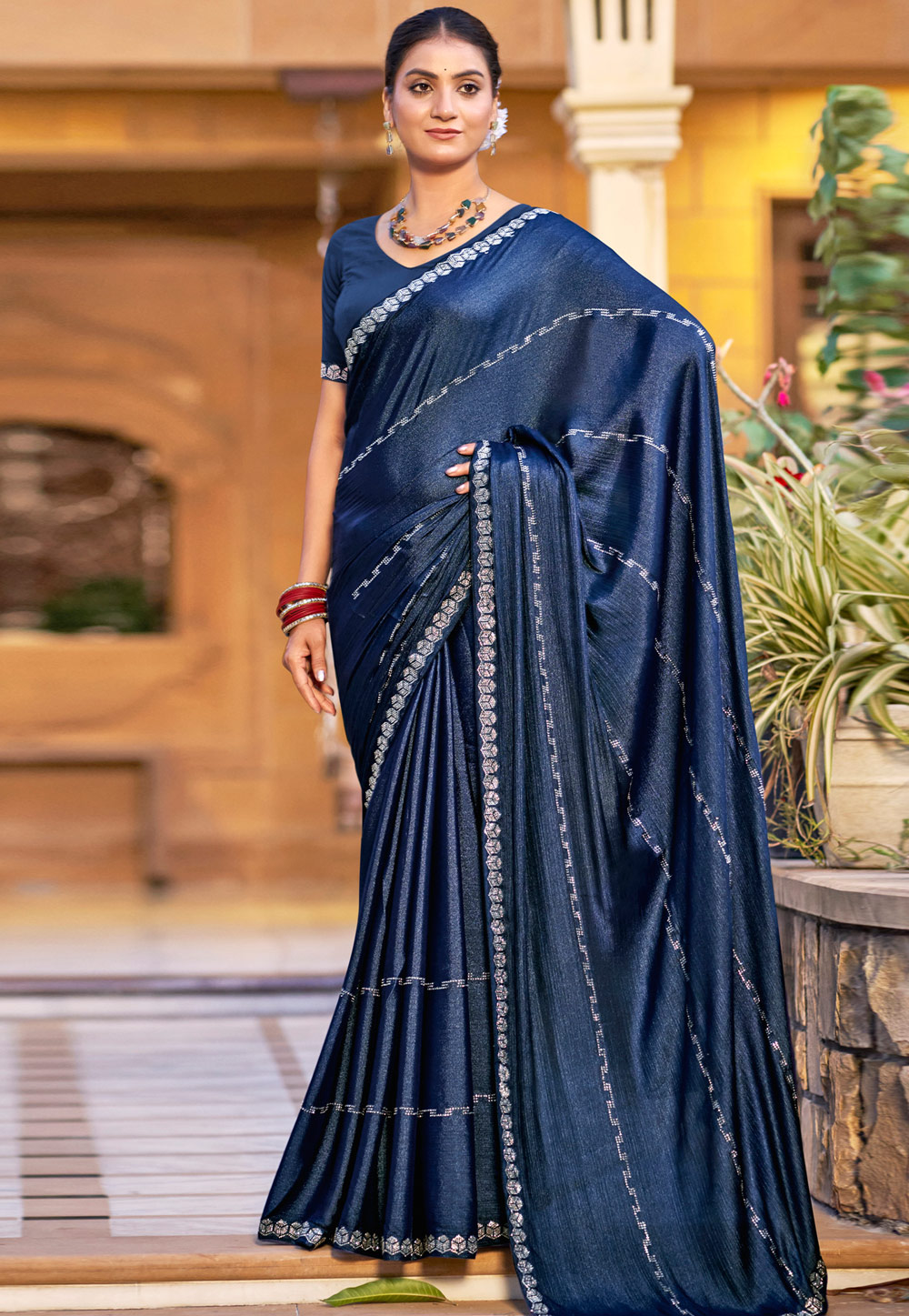 Navy Blue Shimmer Chiffon Saree With Blouse 309790