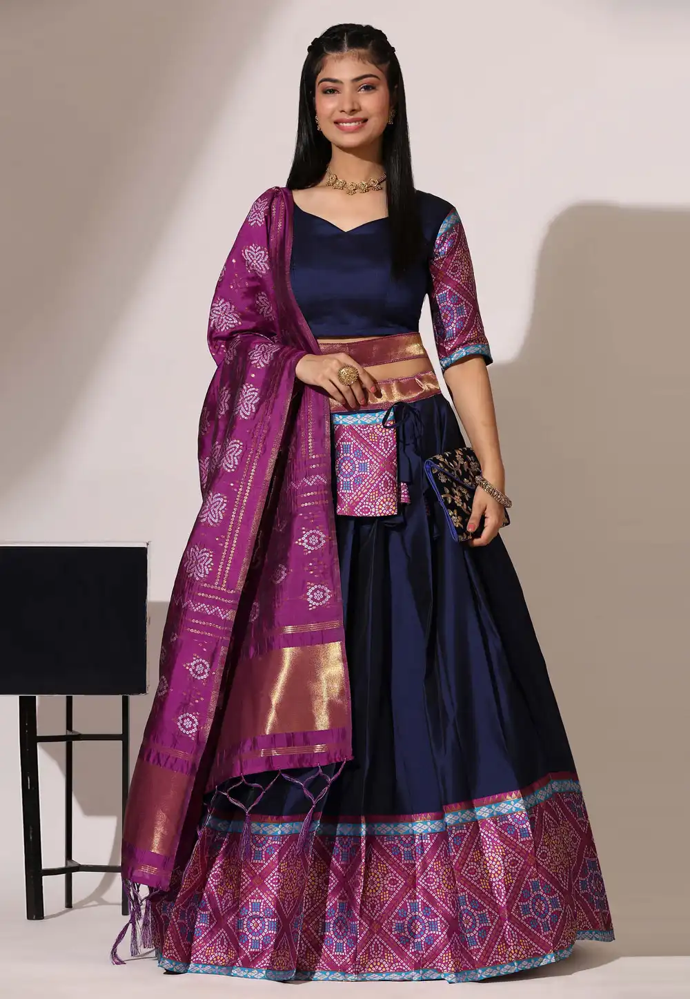 Navy Blue Silk A Line Lehenga Choli 295138