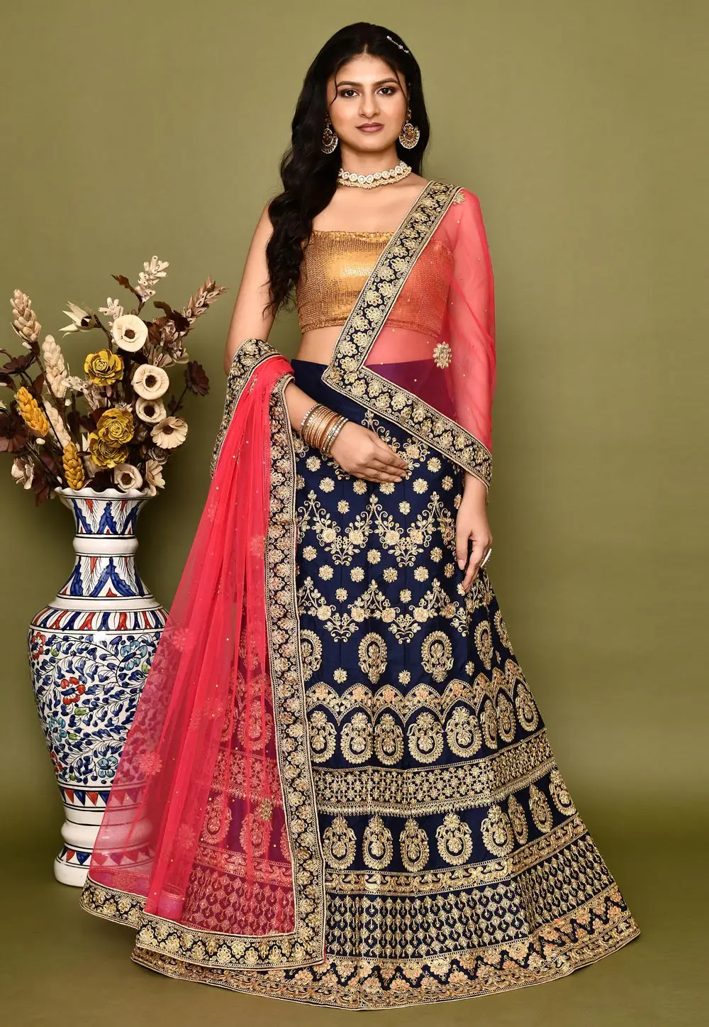 Navy Blue Silk A Line Lehenga Choli 295789