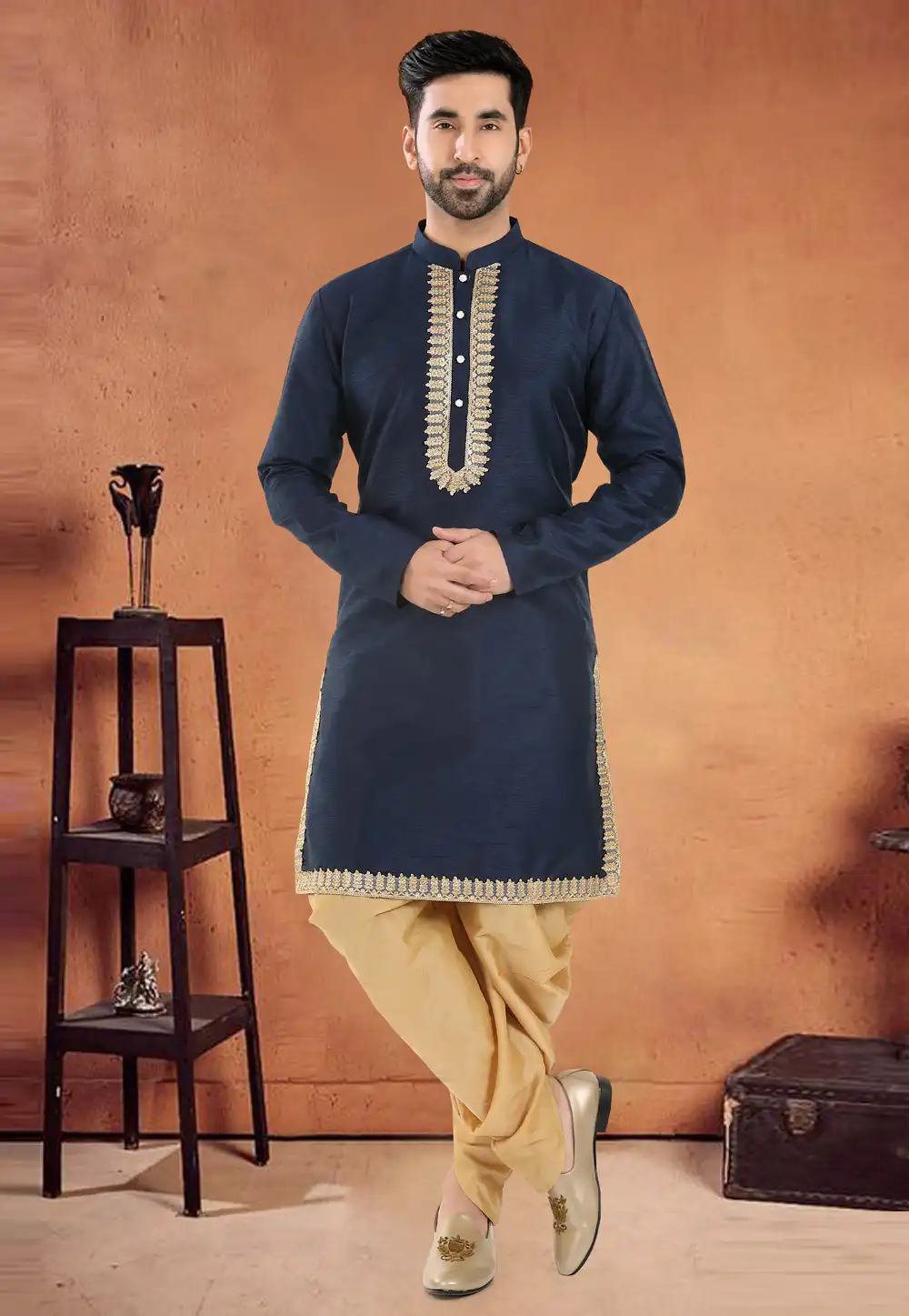 Navy Blue Silk Dhoti Kurta 290590