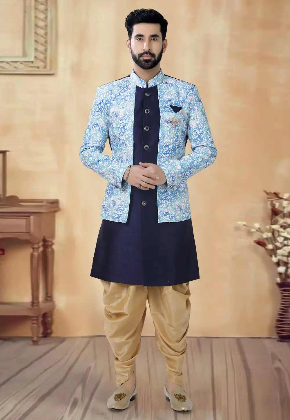 Navy Blue Silk Dhoti Sherwani 292411