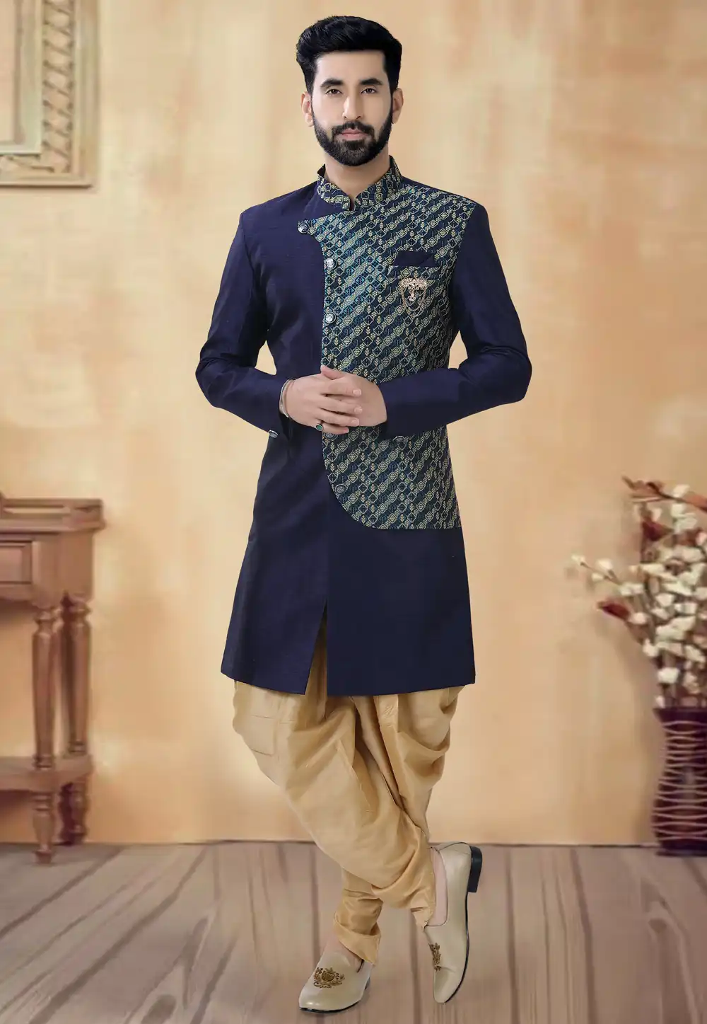 Navy Blue Silk Dhoti Sherwani 292420