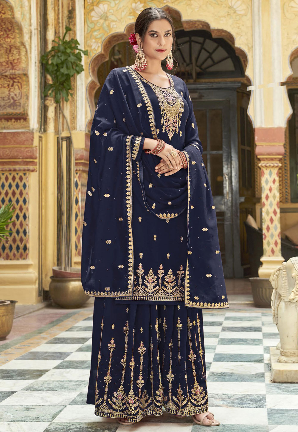 Navy Blue Silk Gharara Suit 281176