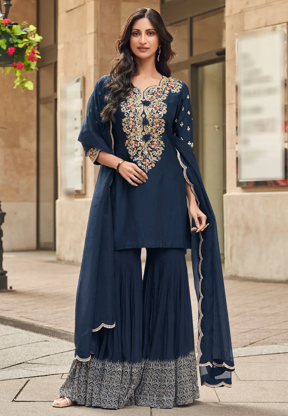 Navy Blue Silk Gharara Suit 302343