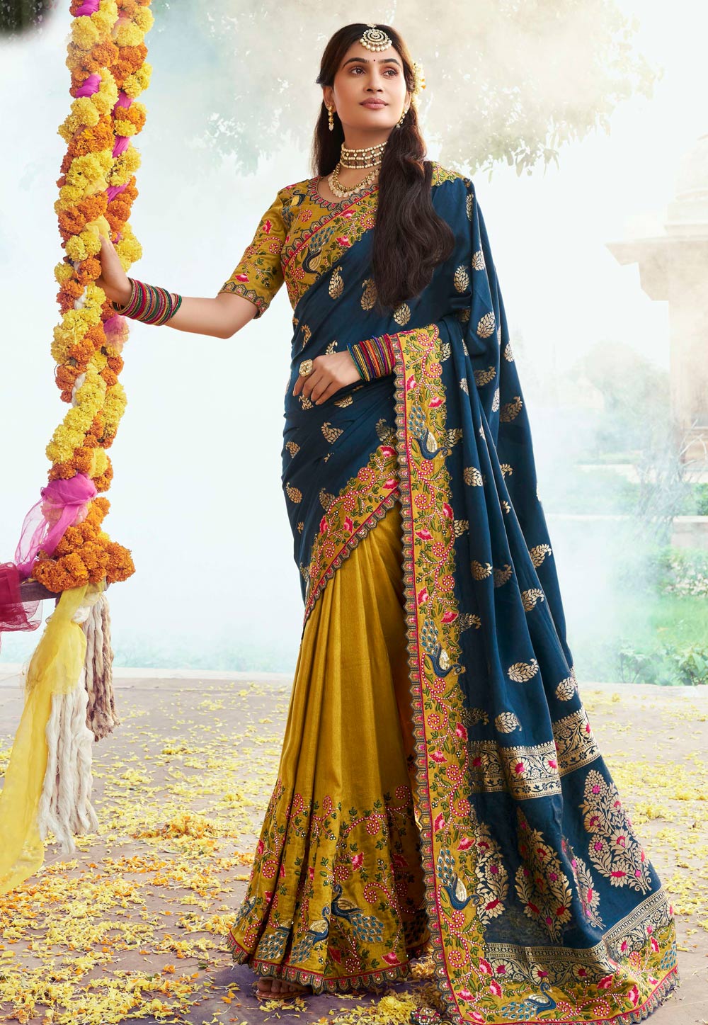 Navy Blue Silk Half N Half Saree 305838