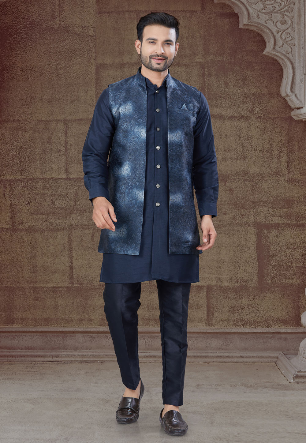 Navy Blue Silk Indo Western Suit 304918