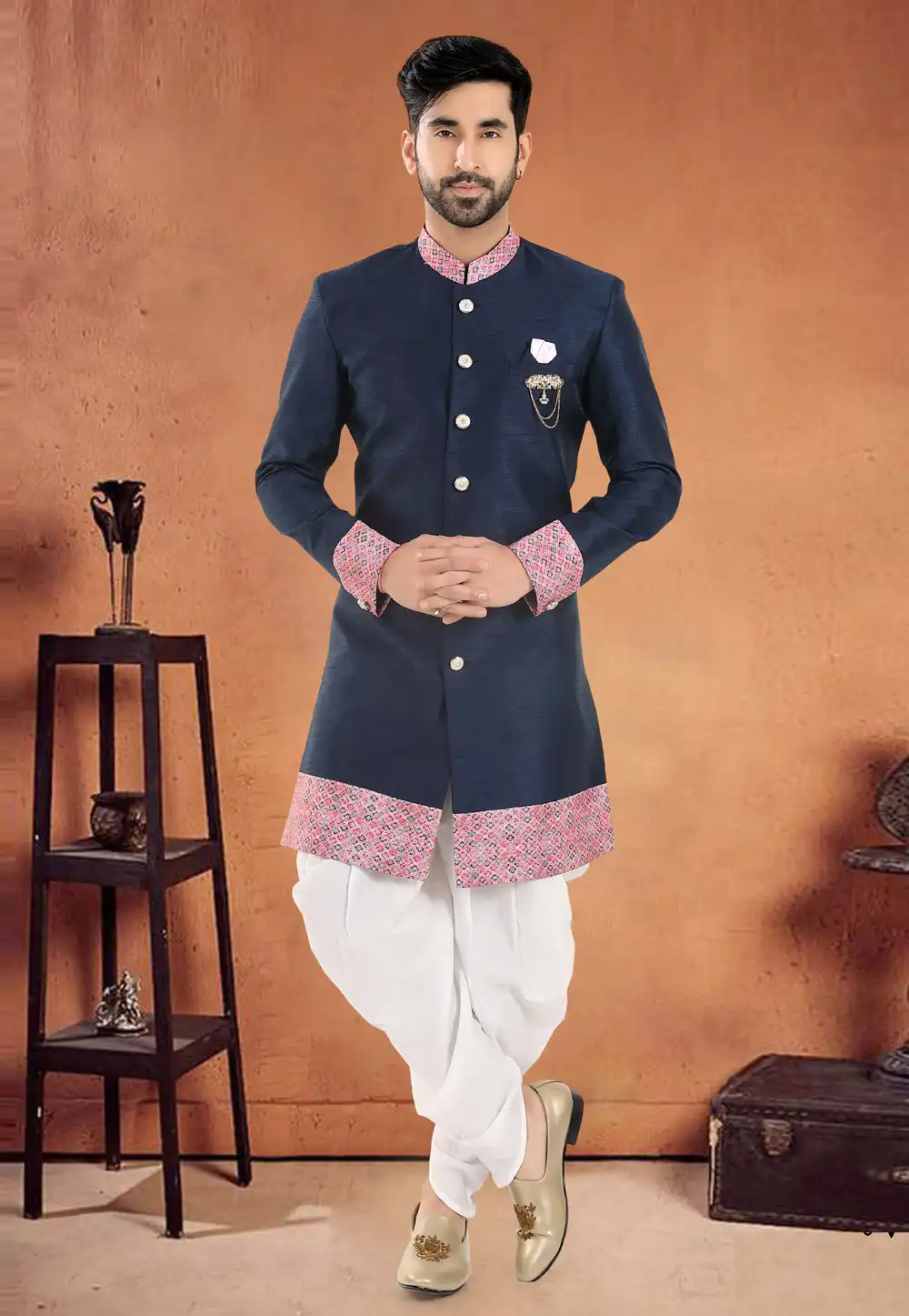 Navy Blue Silk Indo Western Suit 290587