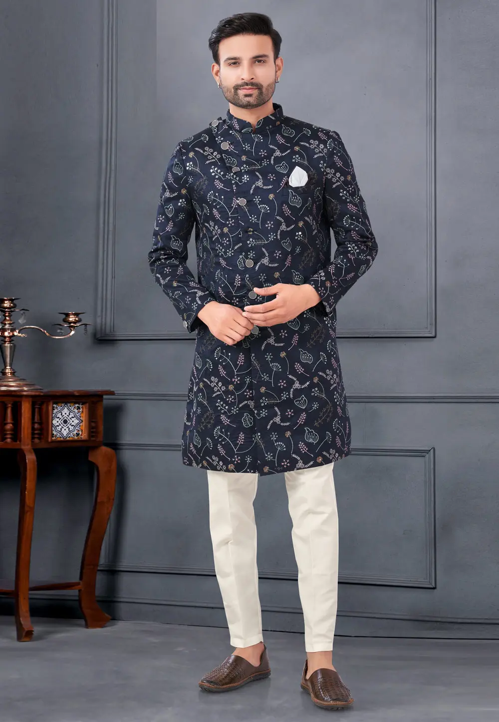 Navy Blue Silk Indo Western Suit 297700