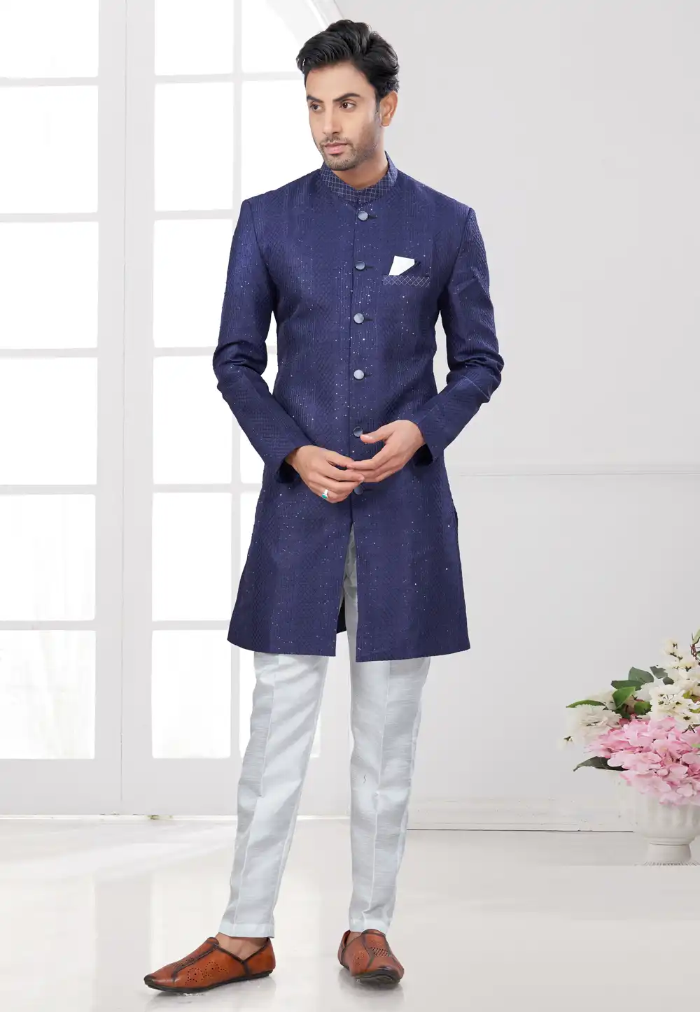 Navy Blue Silk Indo Western Suit 294559