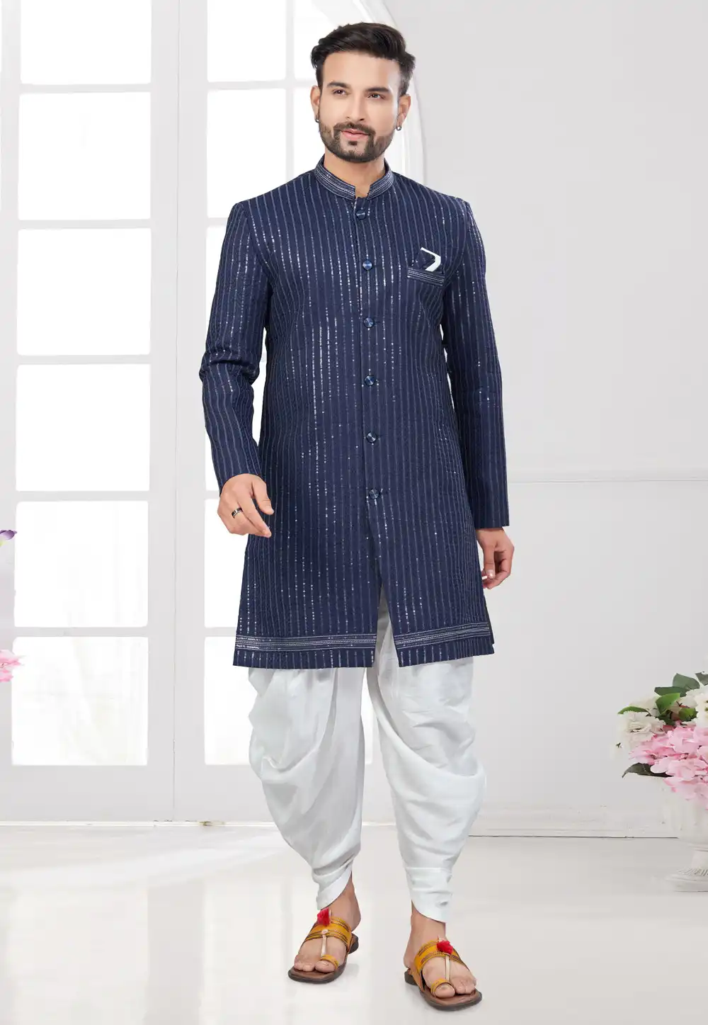 Navy Blue Silk Indo Western Suit 294571