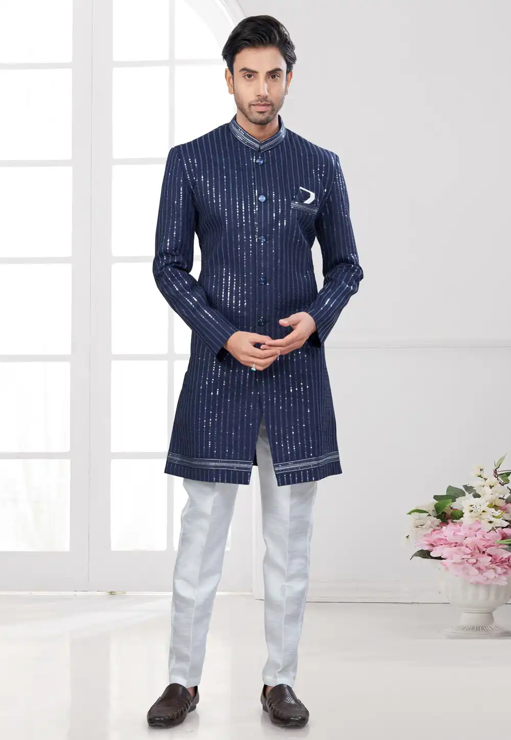 Navy Blue Silk Indo Western Suit 294582