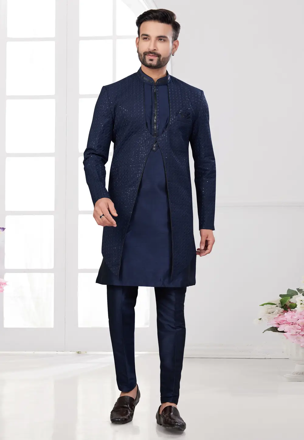 Navy Blue Silk Indo Western Suit 295606