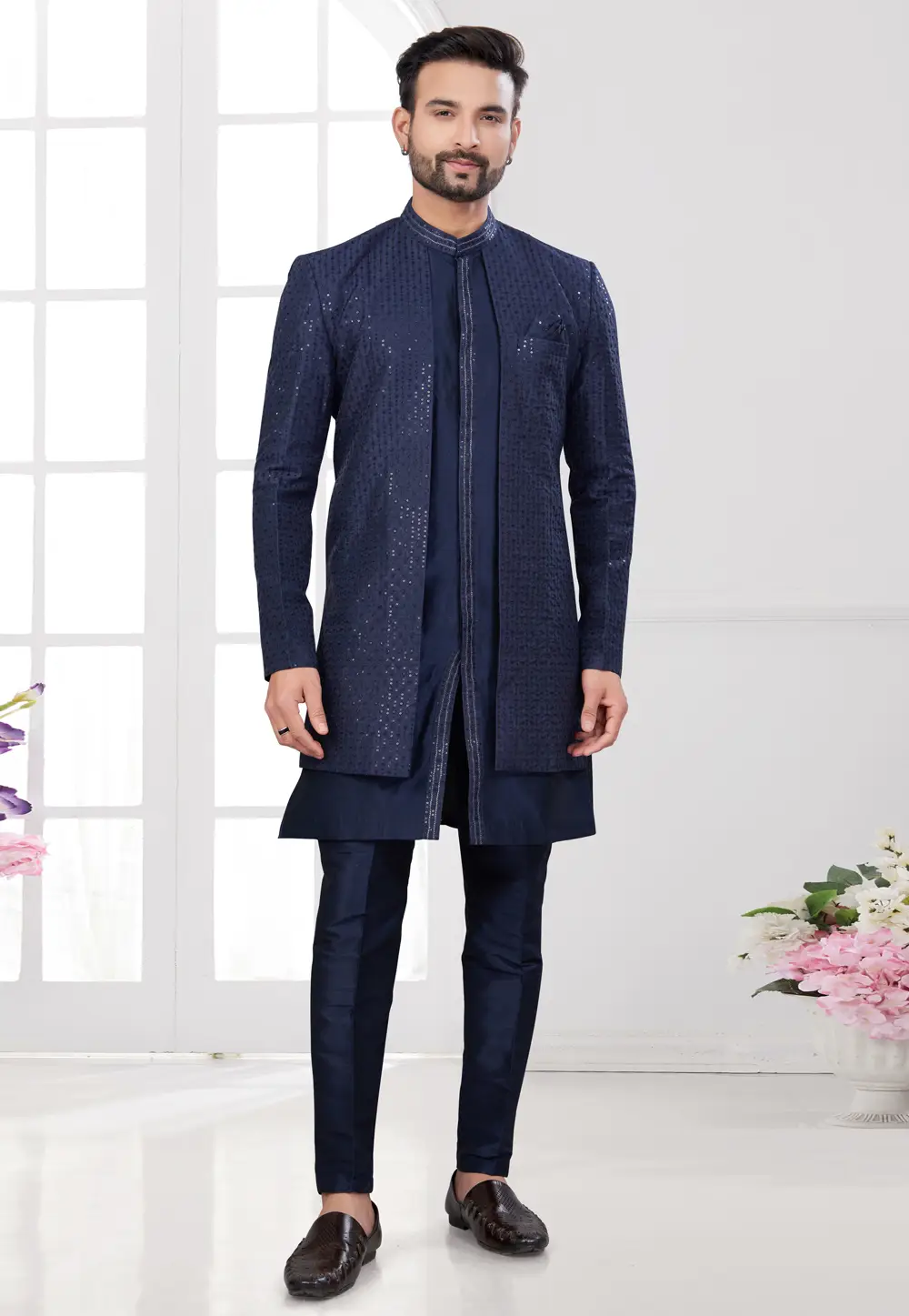 Navy Blue Silk Indo Western Suit 295608