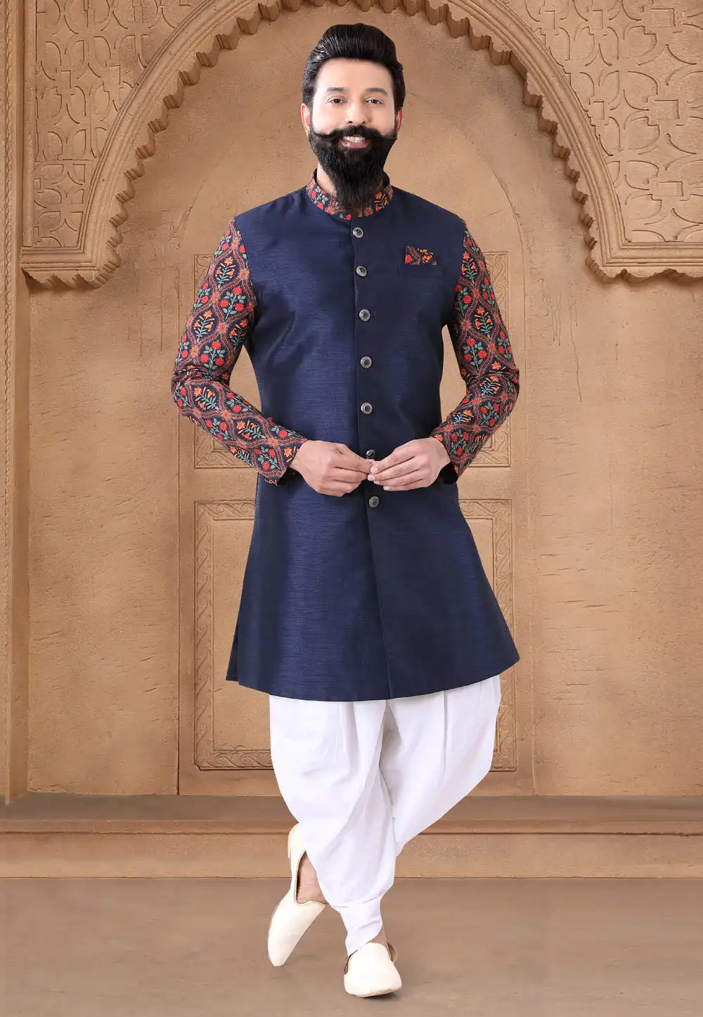 Navy Blue Silk Indo Western Suit 287910