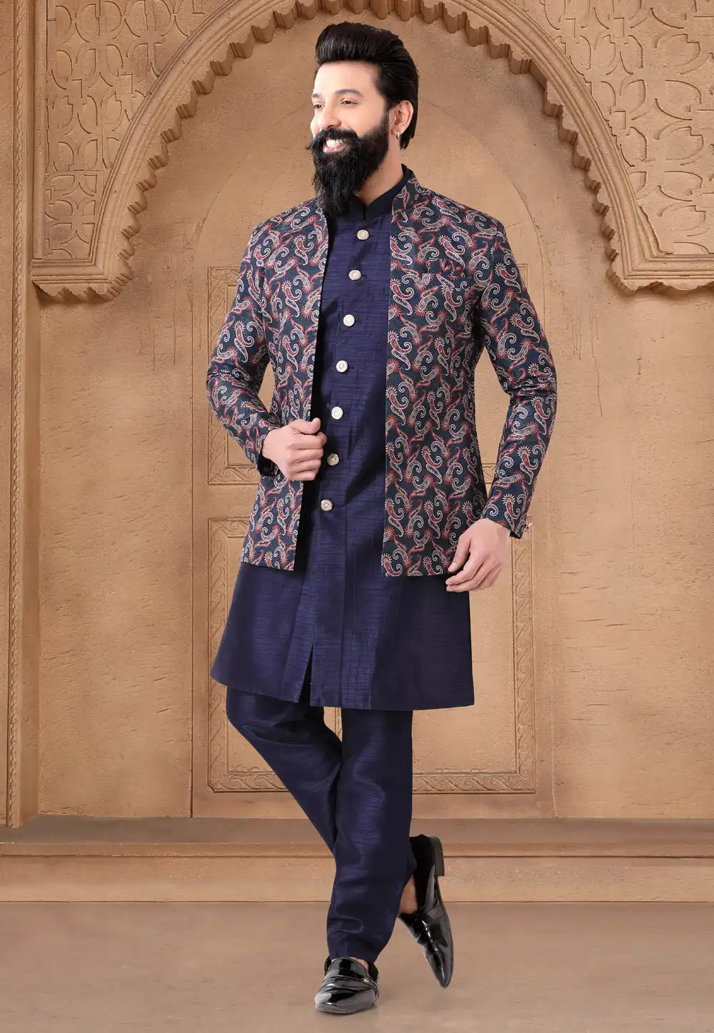 Navy Blue Silk Indo Western Suit 287925