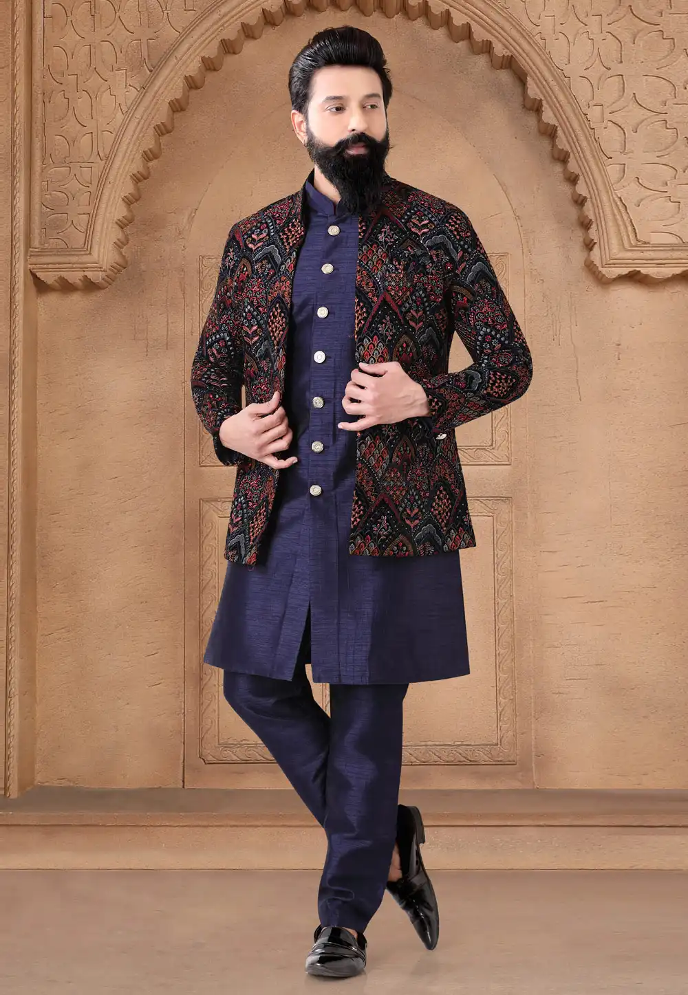 Navy Blue Silk Indo Western Suit 287926