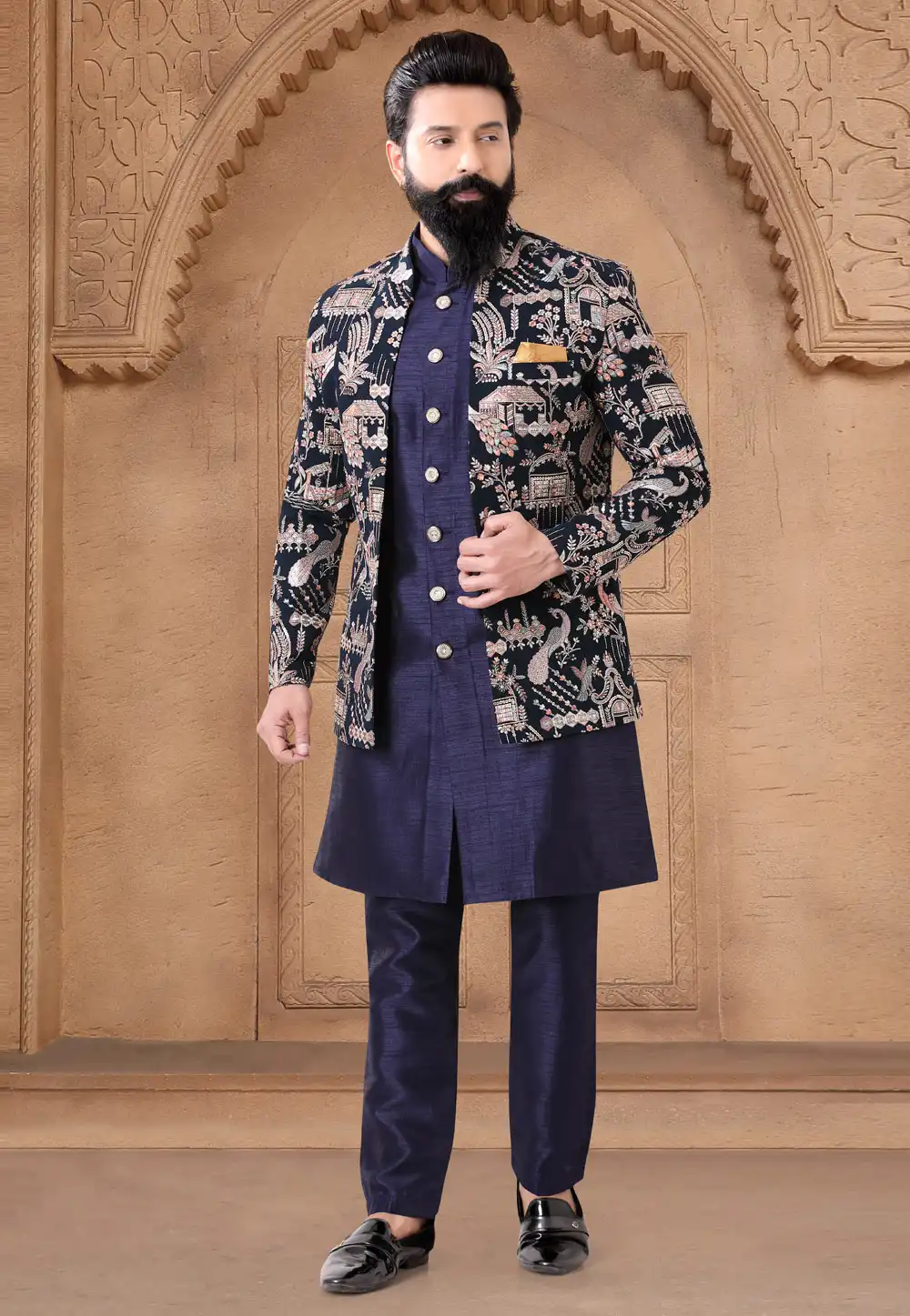 Navy Blue Silk Indo Western Suit 287927