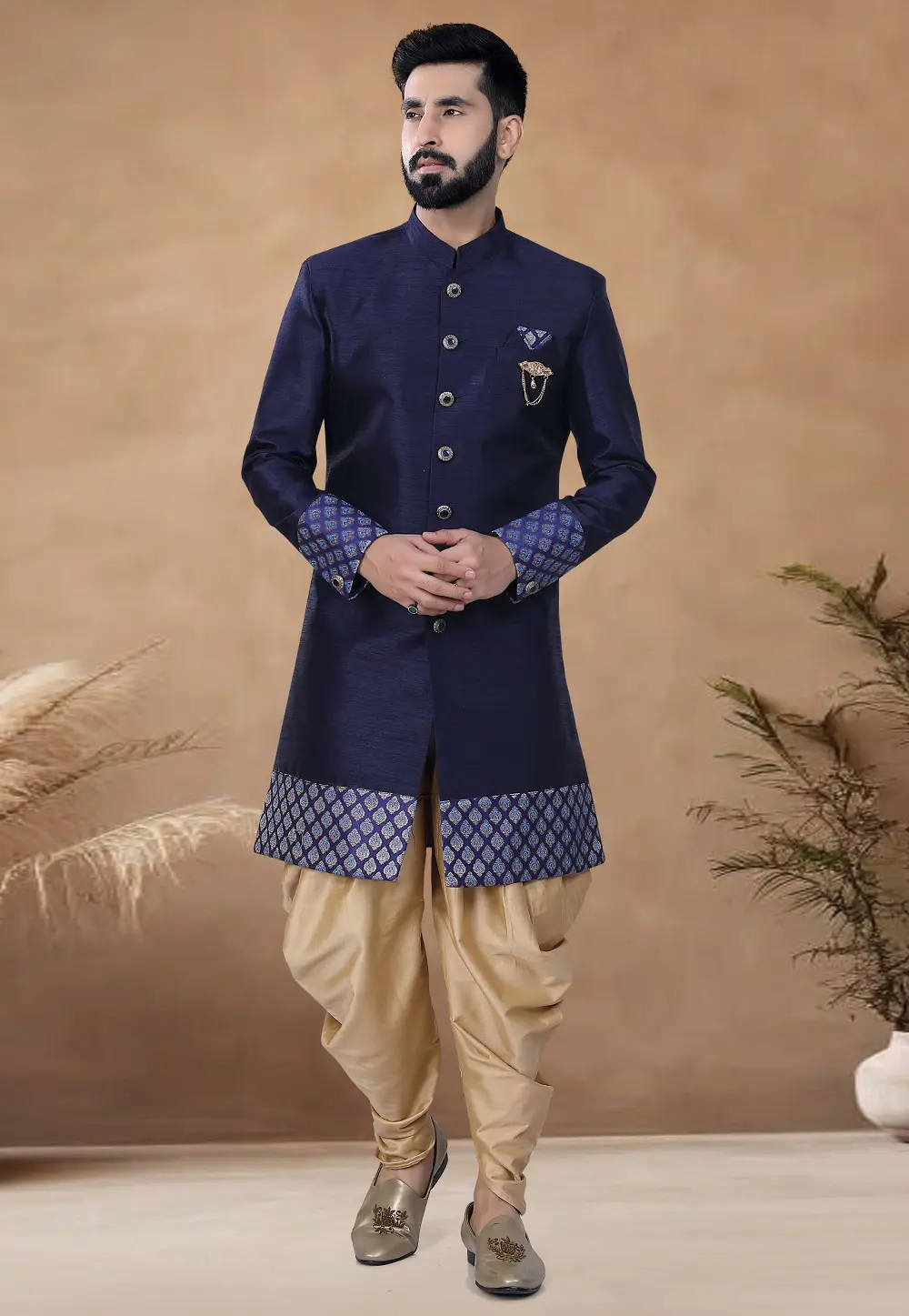 Navy Blue Silk Indo Western Suit 298581