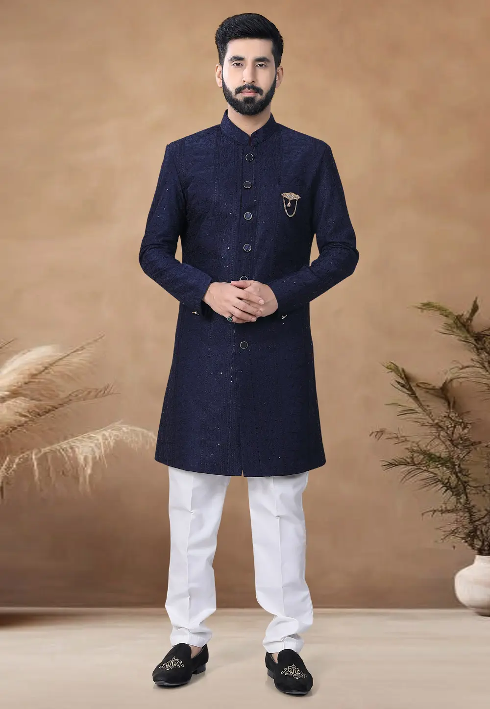 Navy Blue Silk Indo Western Suit 298800