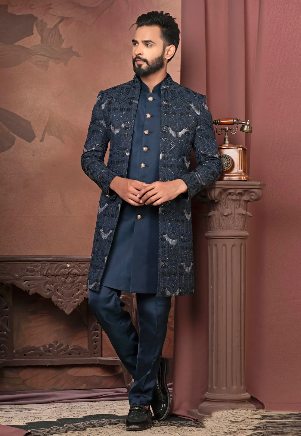 Navy Blue Silk Jacket Style Sherwani 302418