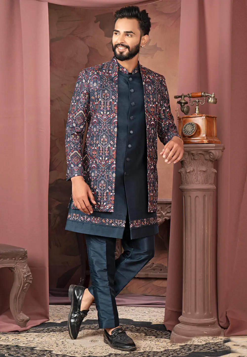 Navy Blue Silk Jacket Style Sherwani 302443