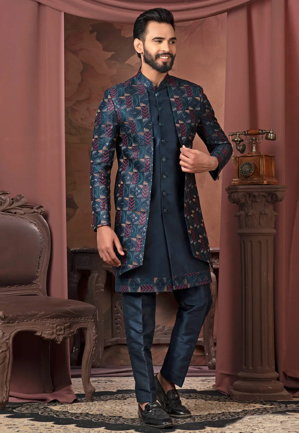 Navy Blue Silk Jacket Style Sherwani 302460