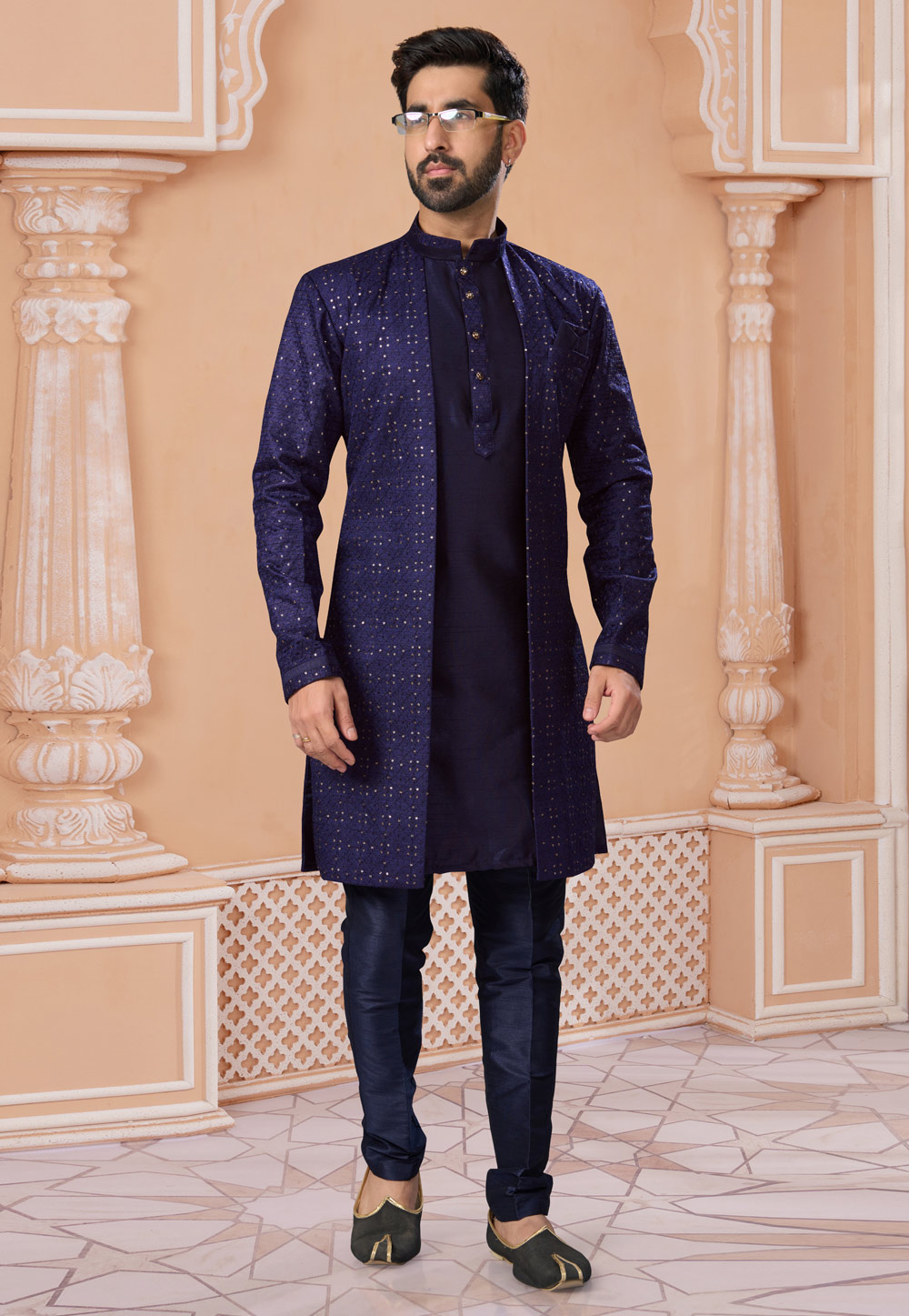 Navy Blue Silk Jacket Style Sherwani 282230