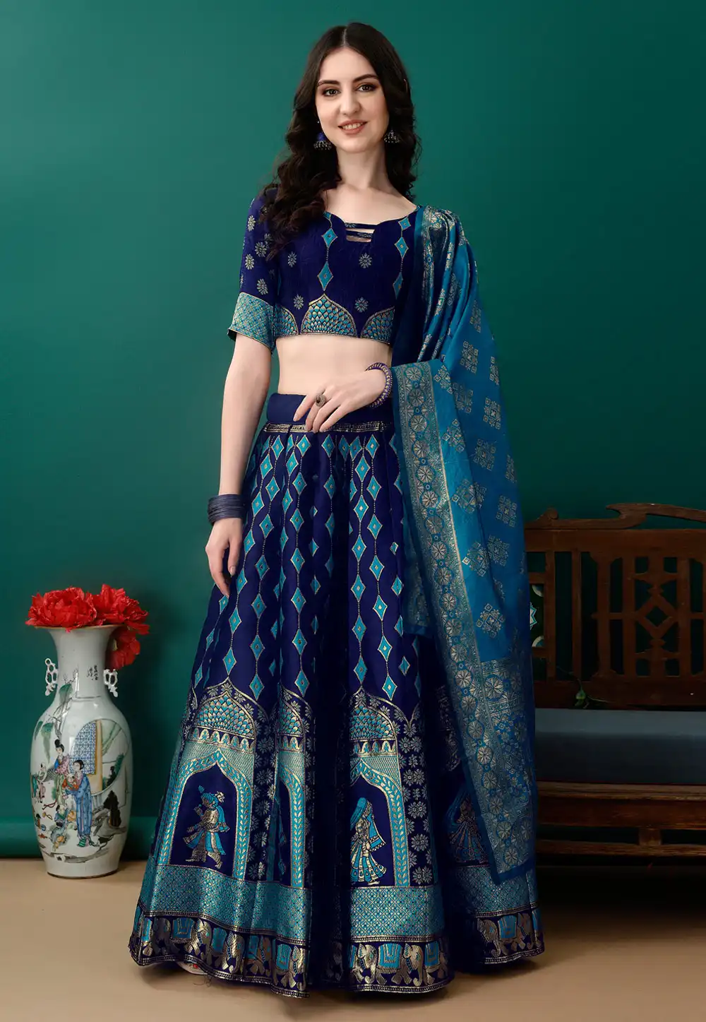 Navy Blue Silk Jacquard A Line Lehenga Choli 290451