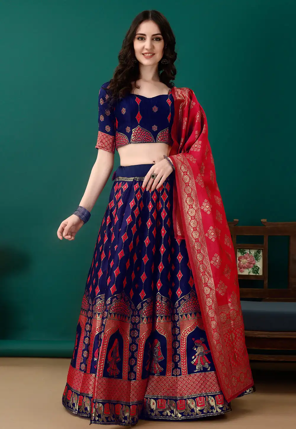 Navy Blue Silk Jacquard A Line Lehenga Choli 290453