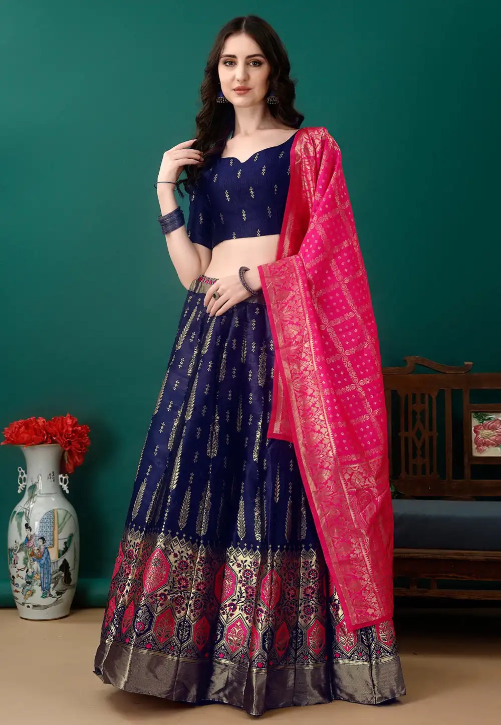 Navy Blue Silk Jacquard A Line Lehenga Choli 290459