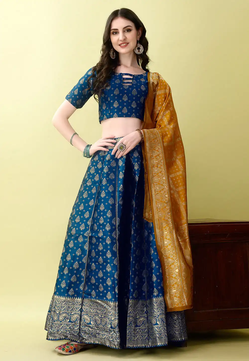 Navy Blue Silk Jacquard A Line Lehenga Choli 290465