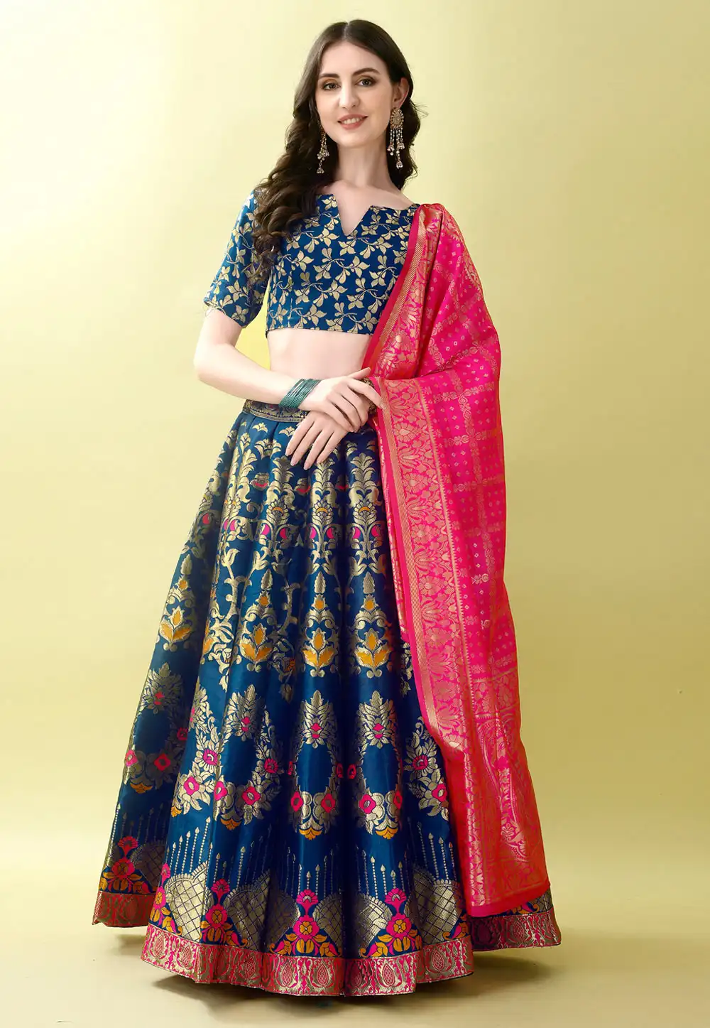 Navy Blue Silk Jacquard A Line Lehenga Choli 290471