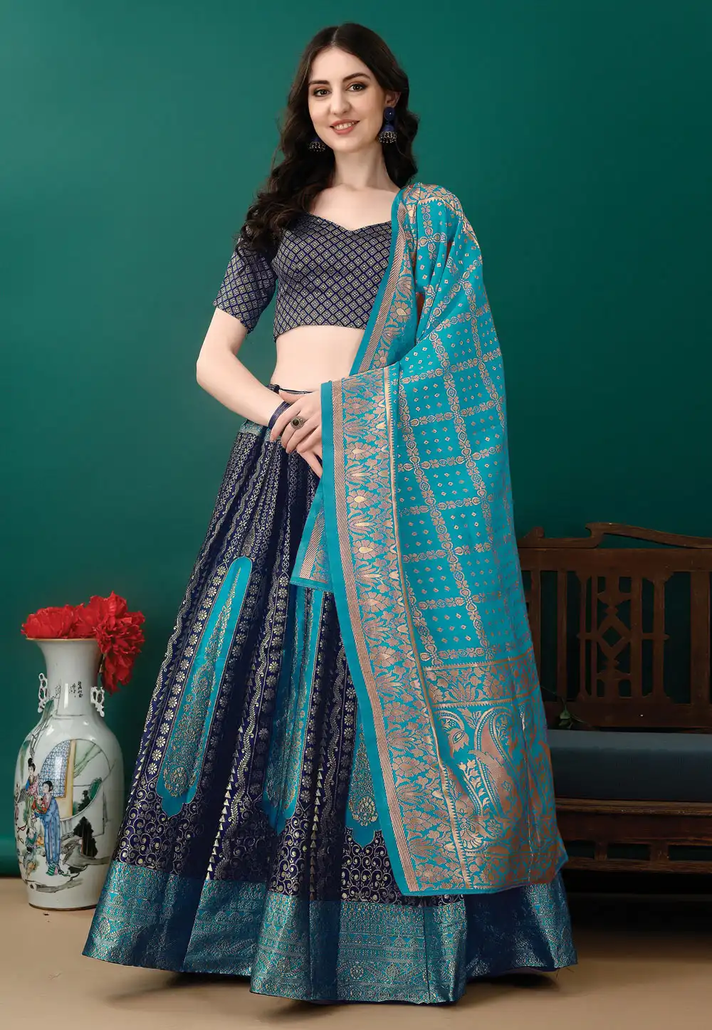 Navy Blue Silk Jacquard A Line Lehenga Choli 290475