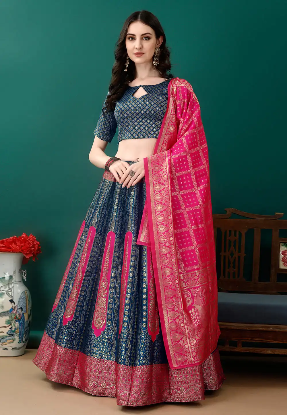 Navy Blue Silk Jacquard A Line Lehenga Choli 290477