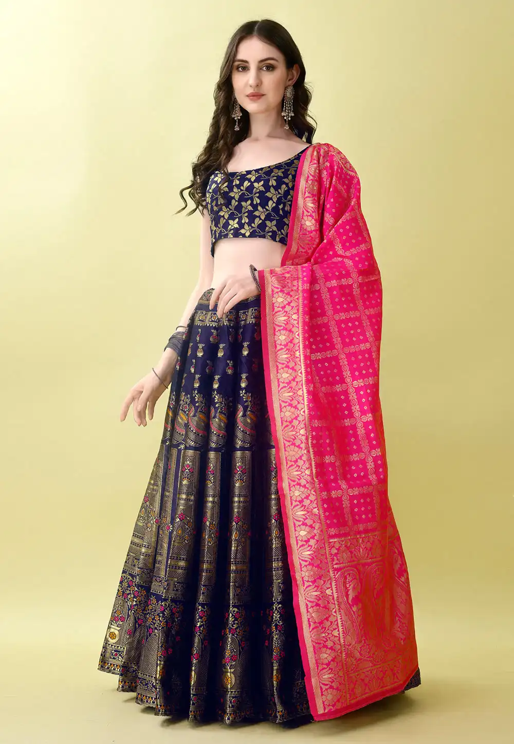 Navy Blue Silk Jacquard A Line Lehenga Choli 290481