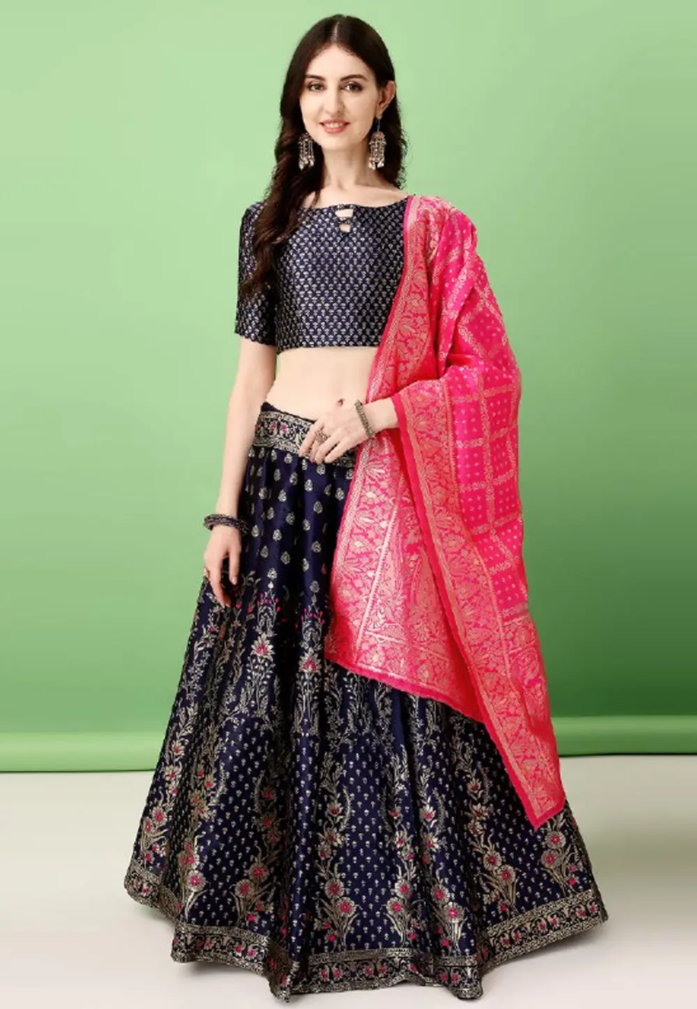 Navy Blue Silk Jacquard Circular Lehenga Choli 297427