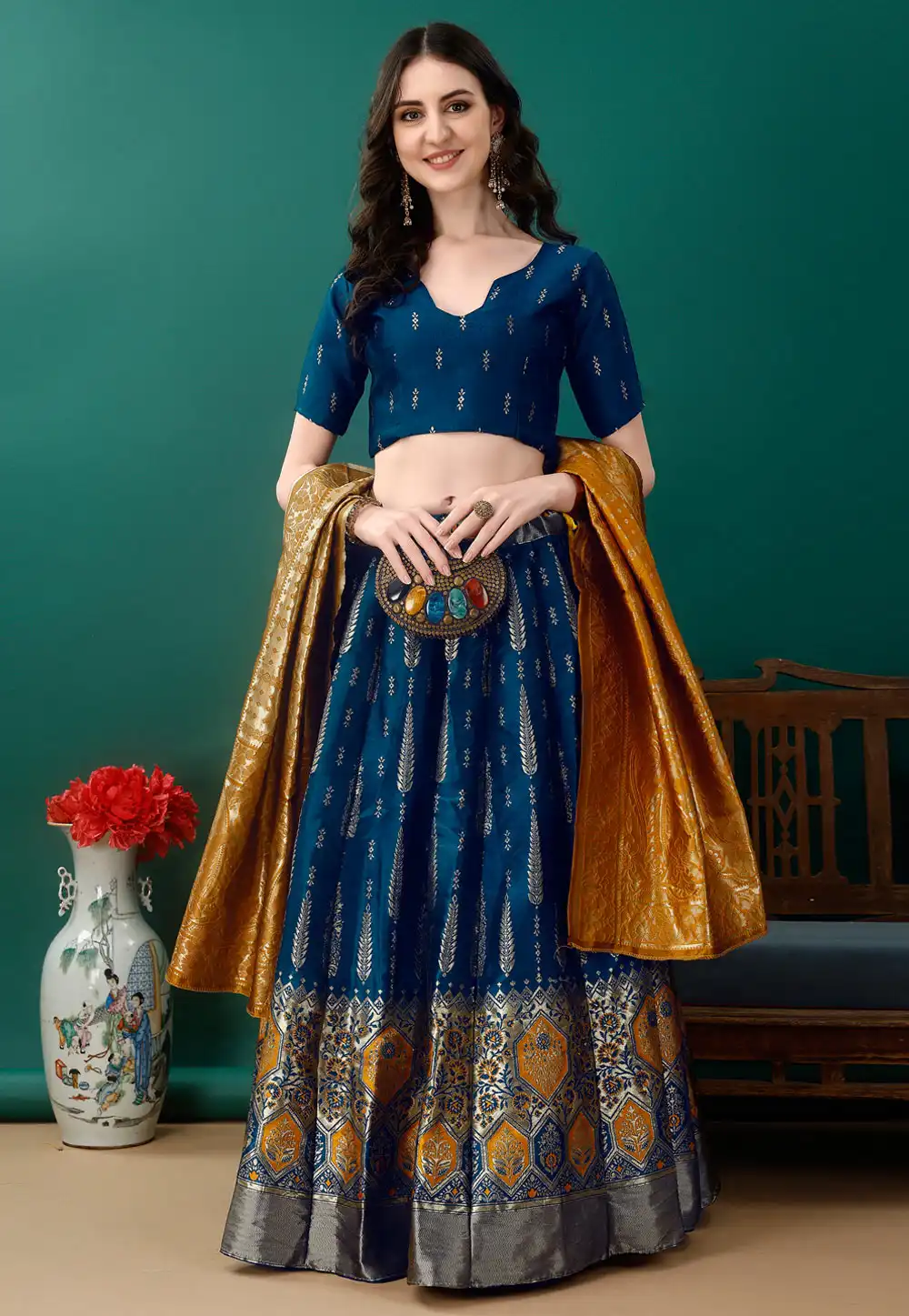 Navy Blue Silk Jacquard Lehenga Choli 290460