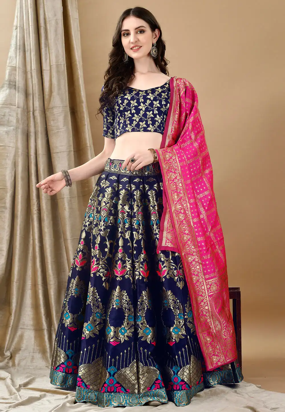 Navy Blue Silk Jacquard Lehenga Choli 290470