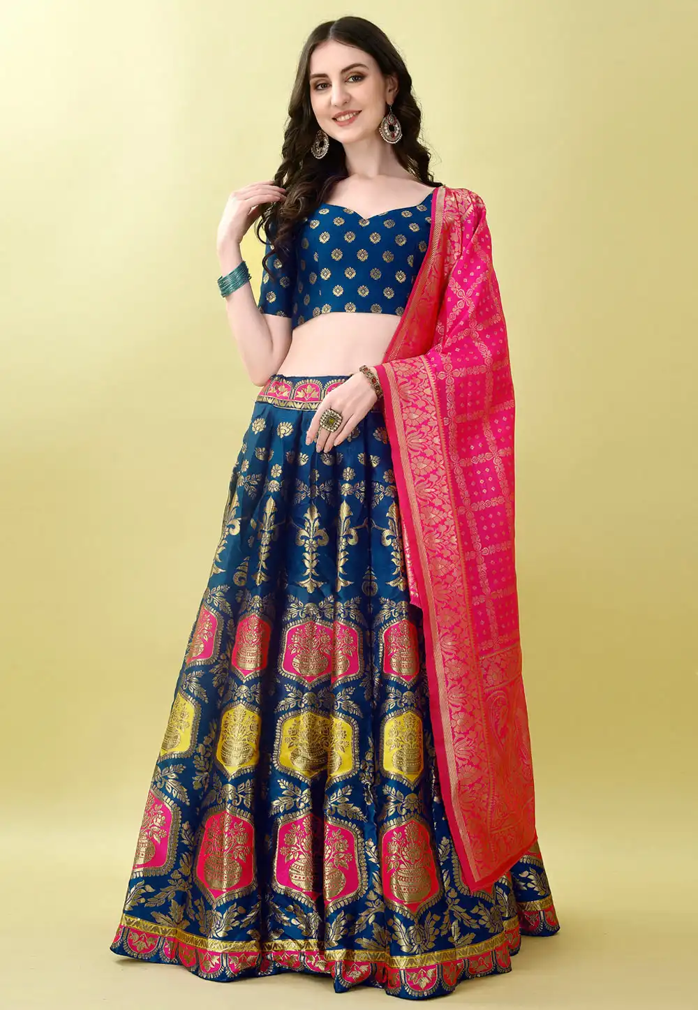 Navy Blue Silk Jacquard Lehenga Choli 290474