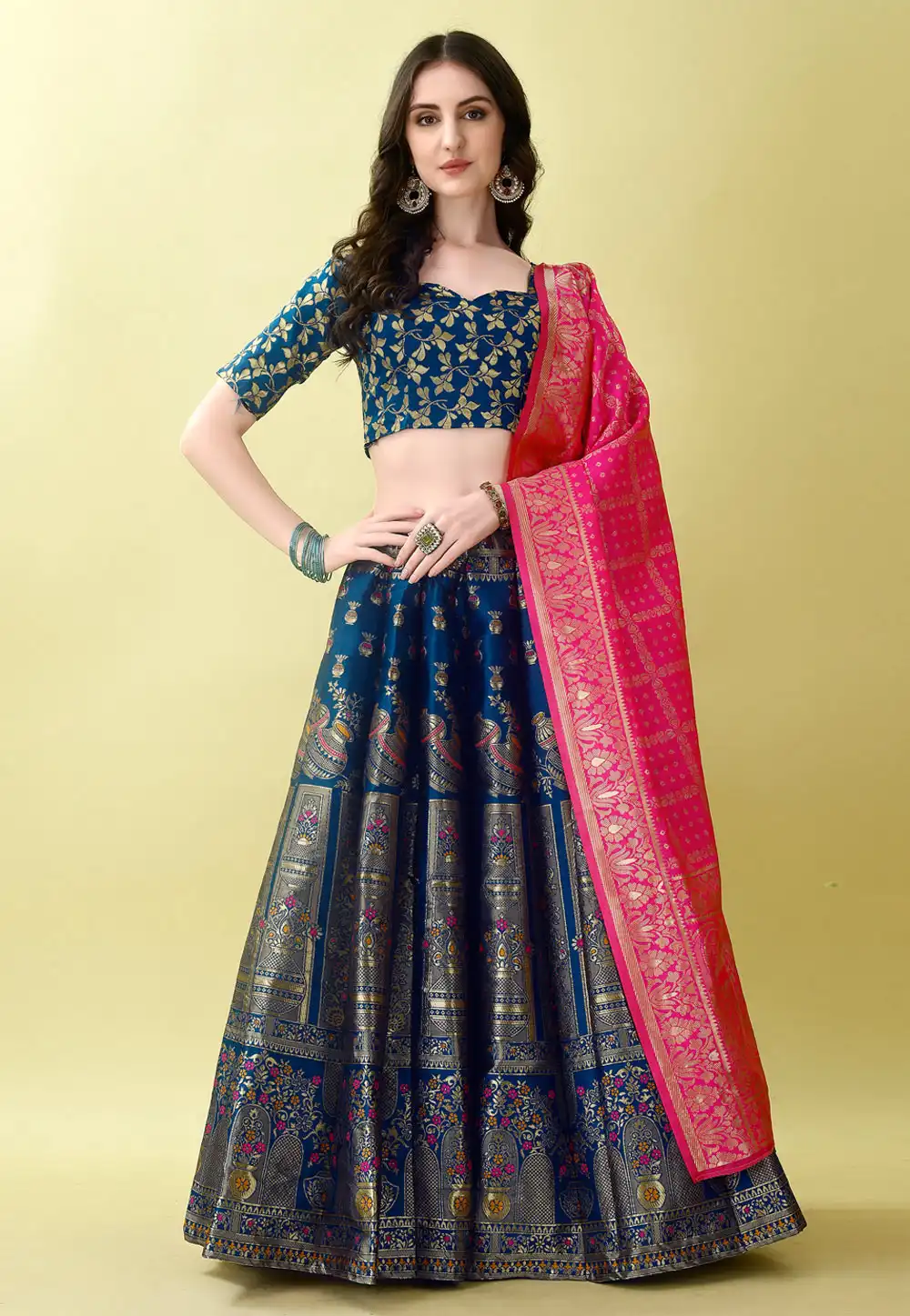 Navy Blue Silk Jacquard Lehenga Choli 290482