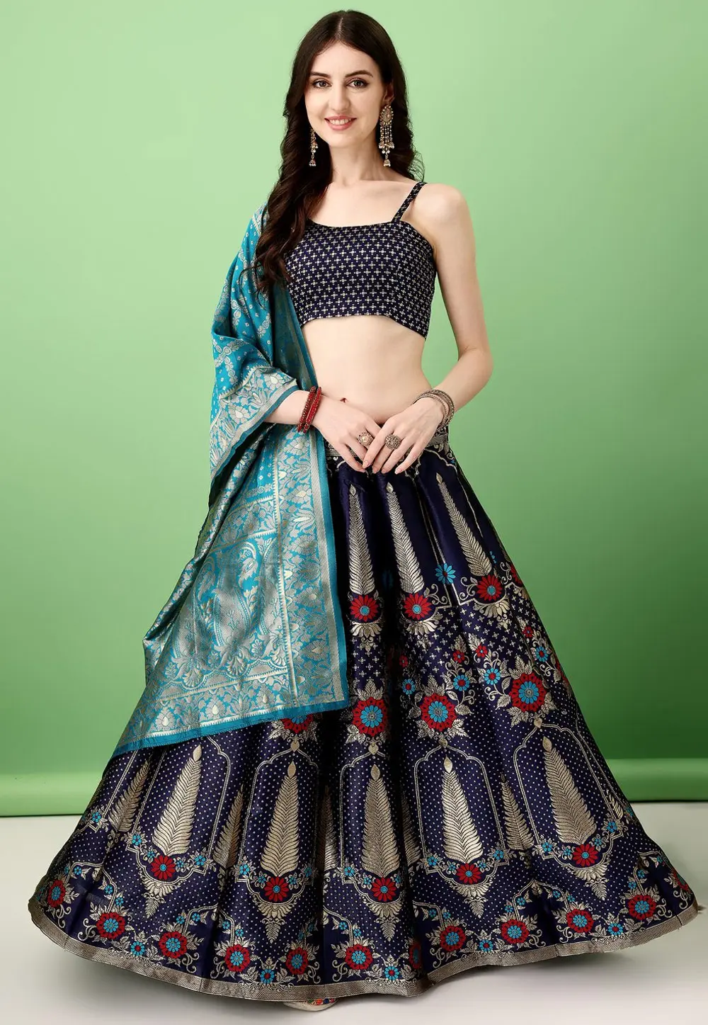 Navy Blue Silk Jacquard Lehenga Choli 297422