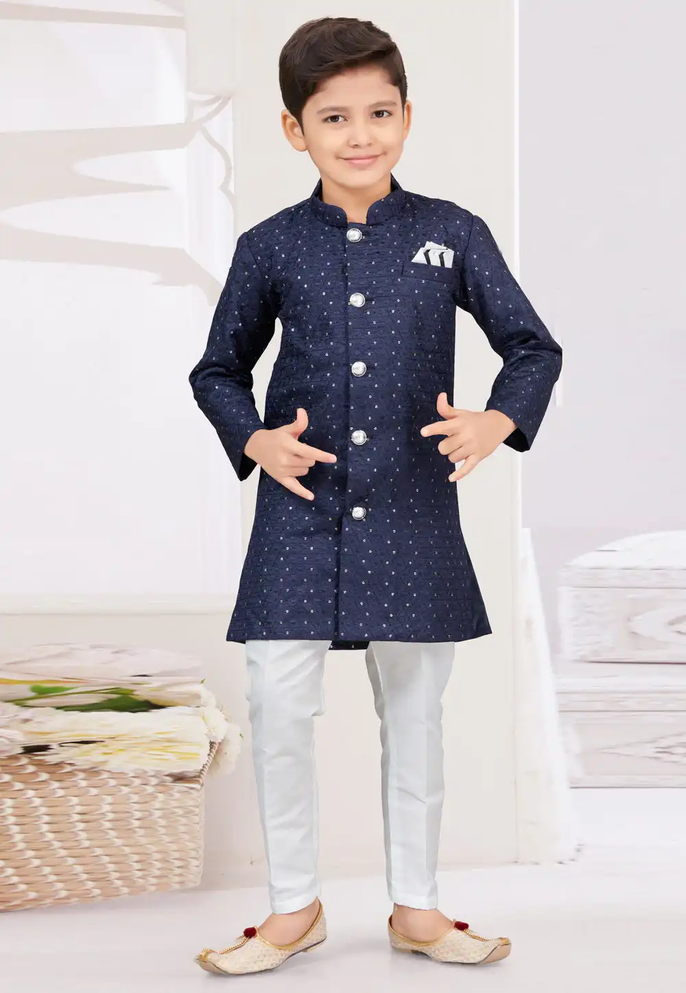 Navy Blue Silk Kids Indo Western Sherwani 294916