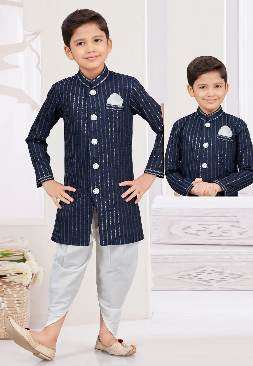 Navy Blue Silk Kids Indo Western Sherwani 294950