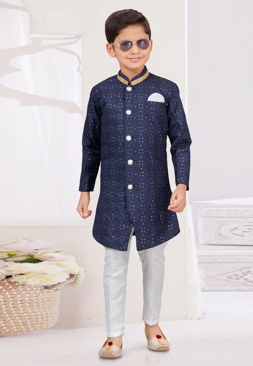 Navy Blue Silk Kids Indo Western Sherwani 294954