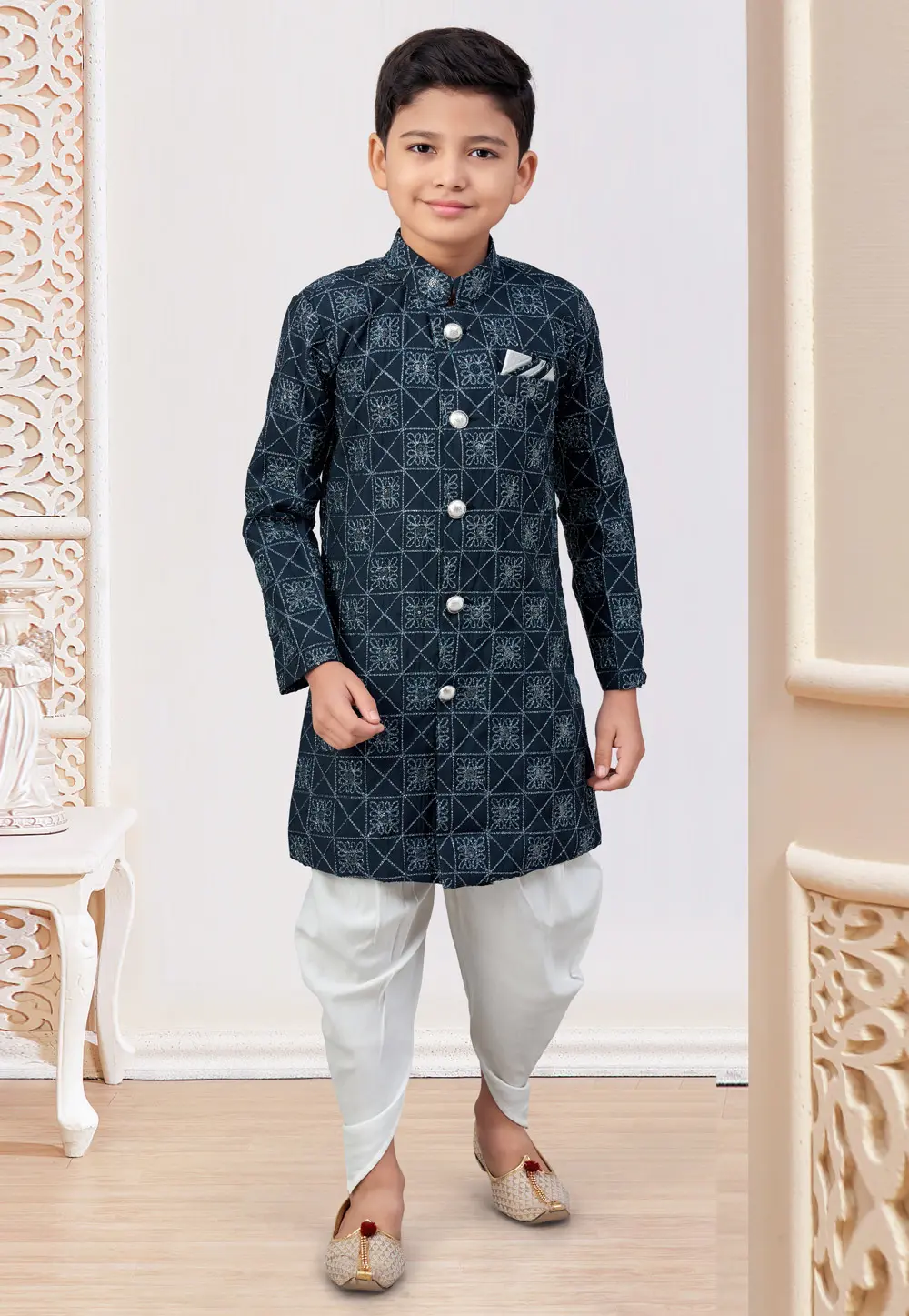 Navy Blue Silk Kids Indo Western Sherwani 303789