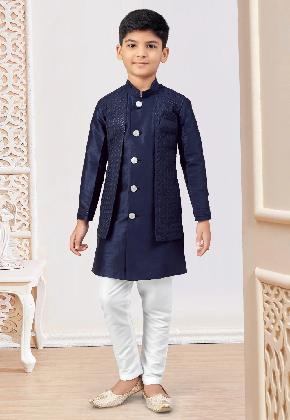 Navy Blue Silk Kids Indo Western Suit 301339