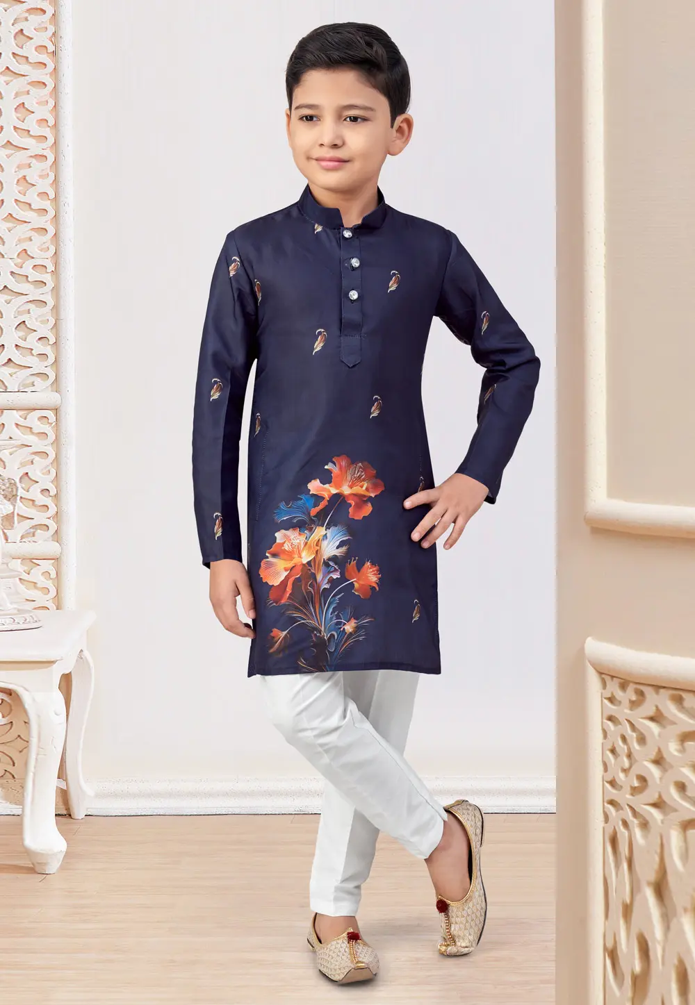 Navy Blue Silk Kids Kurta Pajama 303821