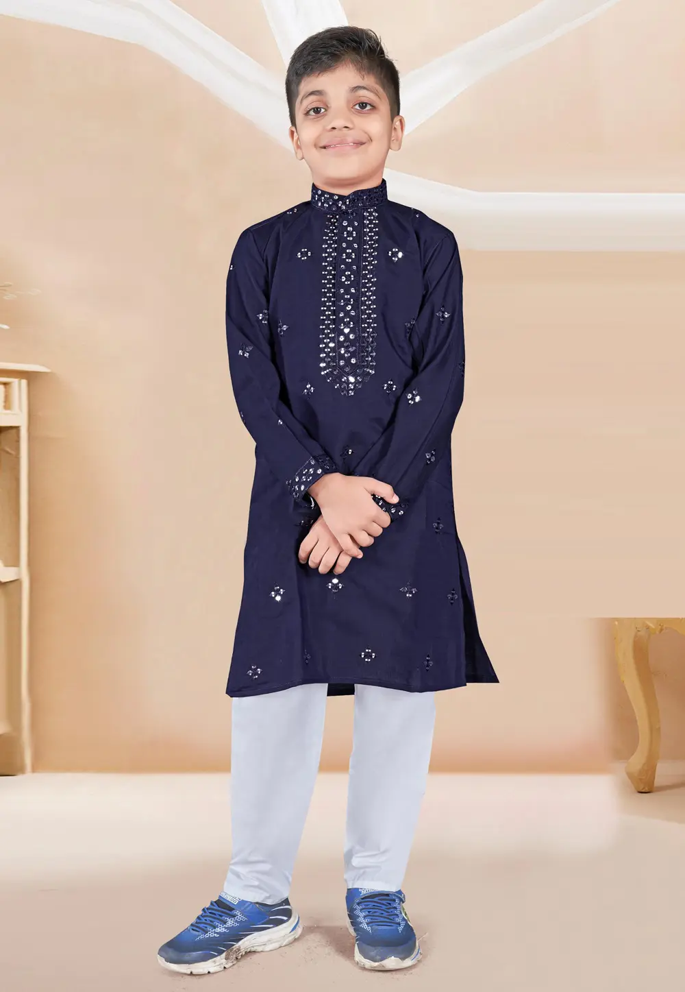 Navy Blue Silk Kids Kurta Pajama 298123