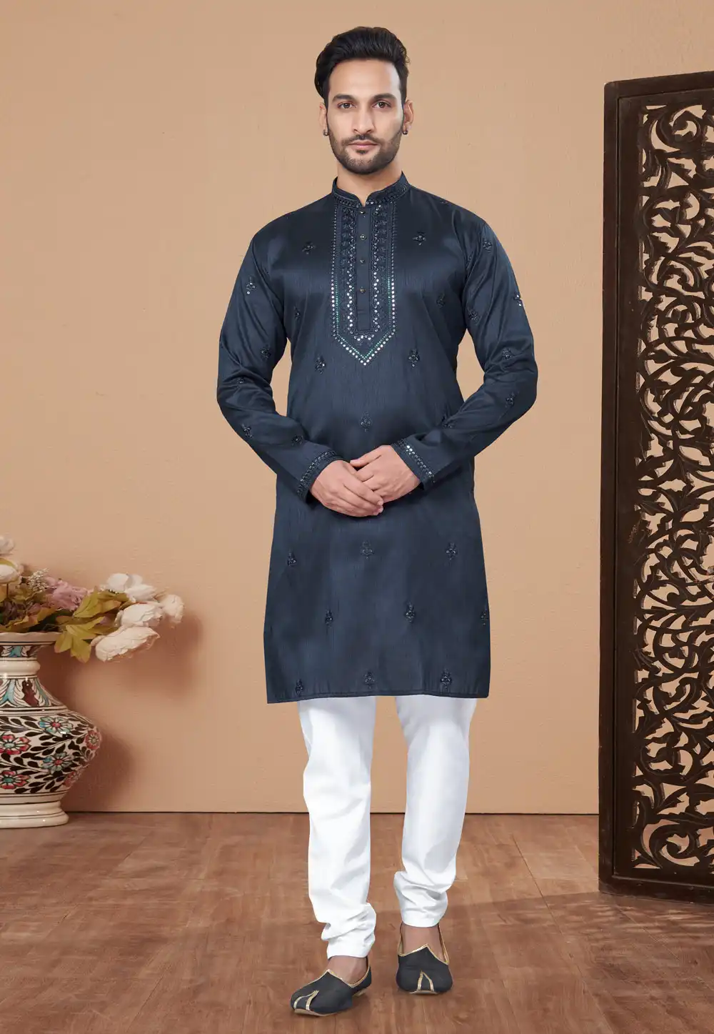 Navy Blue Silk Kurta Pajama 293761