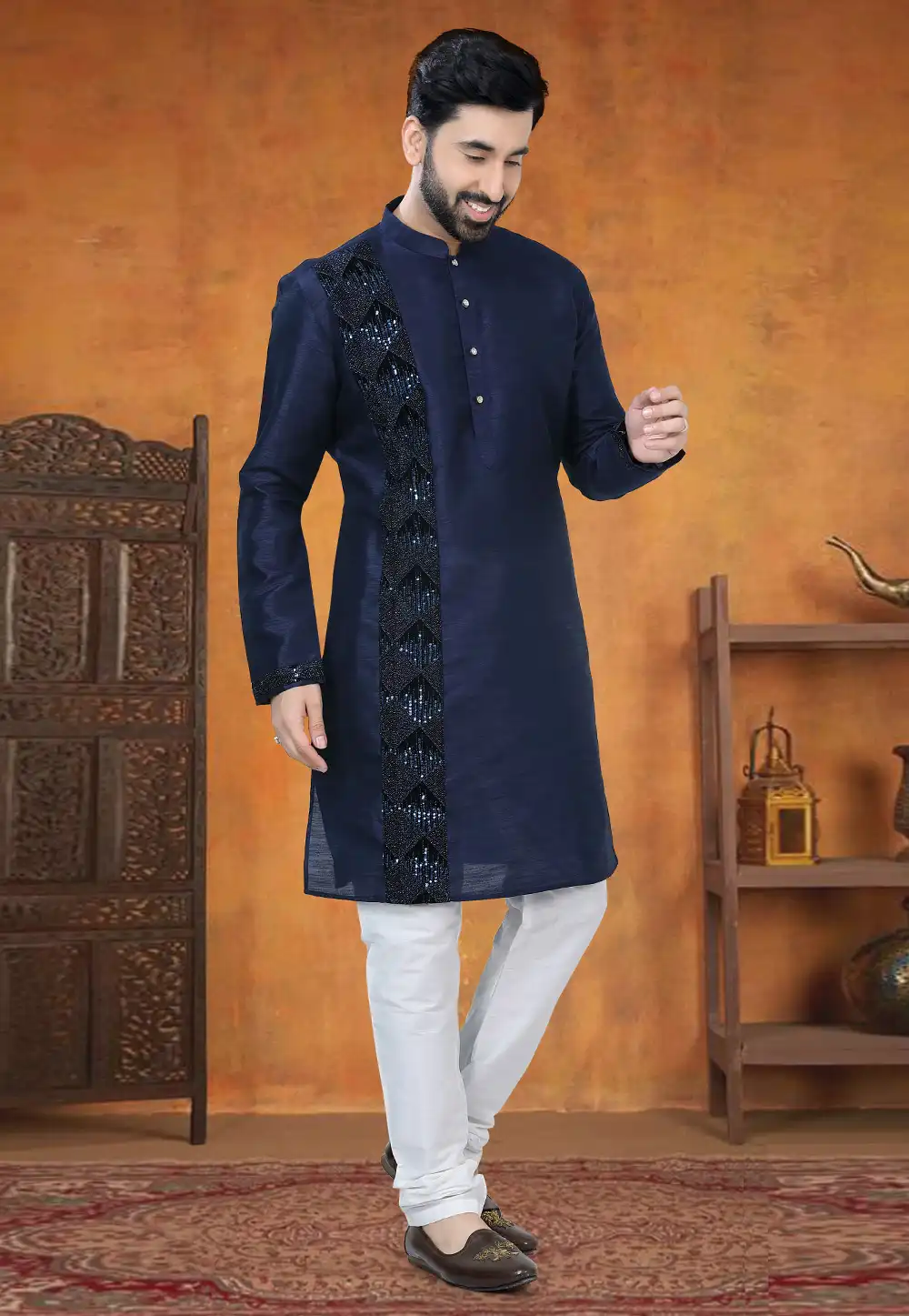 Navy Blue Silk Kurta Pajama 295027